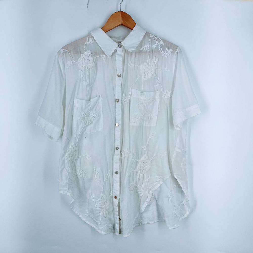 Kyla Seo Anthropologie Floral‎ Embroidered Button Down Blouse Boho Top Size XS